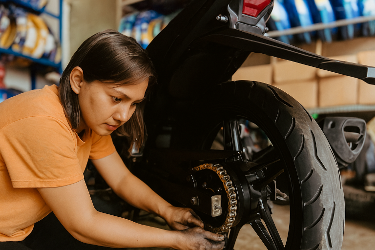 vrouw die de ketting van de motor checkt